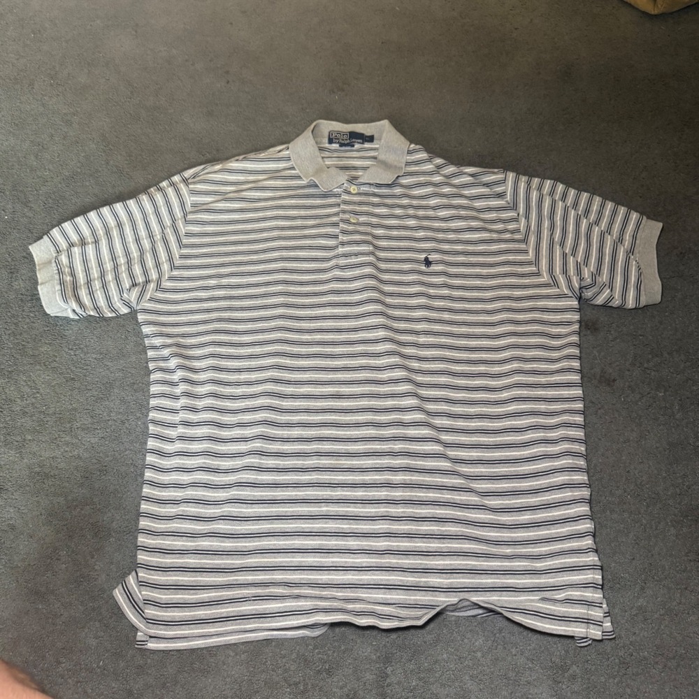 Polo Ralph Lauren Mens XL Grey Navy Blue Striped Short Sleeve Pique Polo Shirt